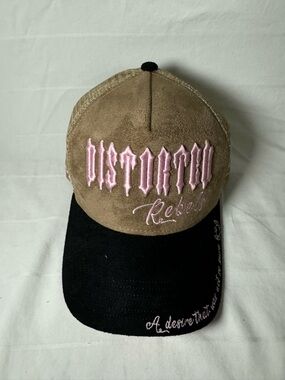 Two-Tone Brown and Black Cap with Pink Script Embroidery
